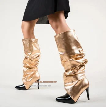 Женские сапоги до колена с острым носком, цвета: Золотистый, Серебристый, Черный, с острым носком, на высоком каблуке, Длинные ботинки