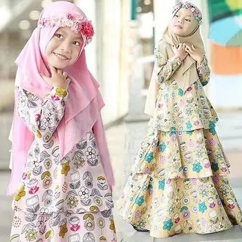 Мусульманское Детское платье-Хиджаб с принтом для девочек, Исламская Молитвенная Джилбаб Химар Абайя, Детская Одежда, Комплект из 2 предметов, Кафтан, Халат на Ид Рамадан