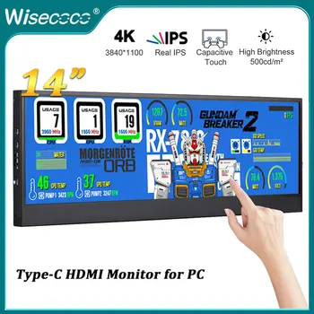 Wisecoco 14 Дюймов 3840x1100 4k Растянутый Барный Монитор Сенсорный Экран Сверхширокий Дополнительный Экран Второй Дисплей Порт USB-C Портативный Монитор